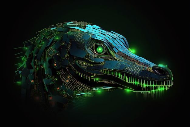 Image of a crocodile with light that is in the digital world on a dark background Wildlife Animals illustration generative AI