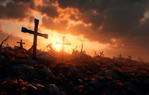 Image of cross on top of hill with sunbeam of a beautiful sunset