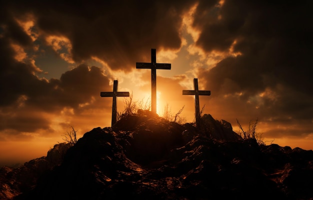 Image of cross on top of hill with sunbeam of a beautiful sunset