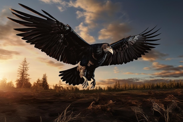 Image of a crow flying in the forest Bird Wildlife Animals Generative AI Illustration