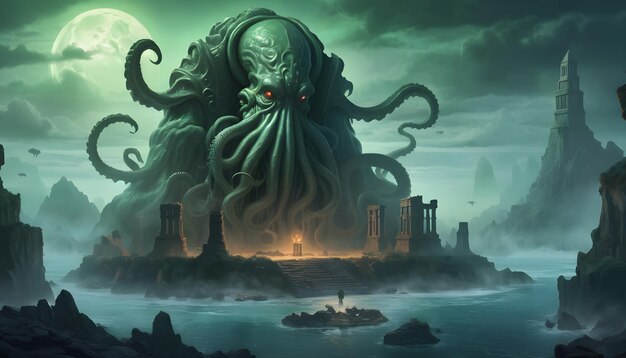 Photo an image of cthulhus awakening on a desolate island surrounded by an ethereal mist