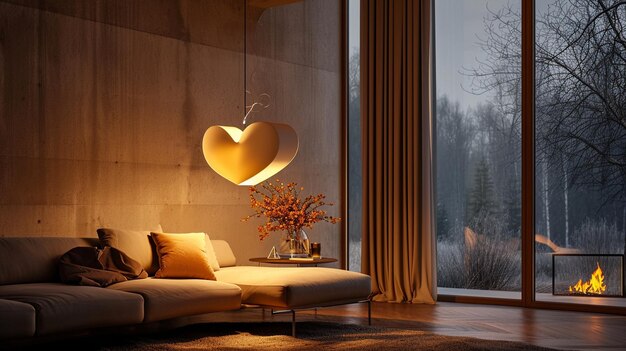 An image of a curved heartshaped pendant light casting a warm glow over a cozy corner in a contempo