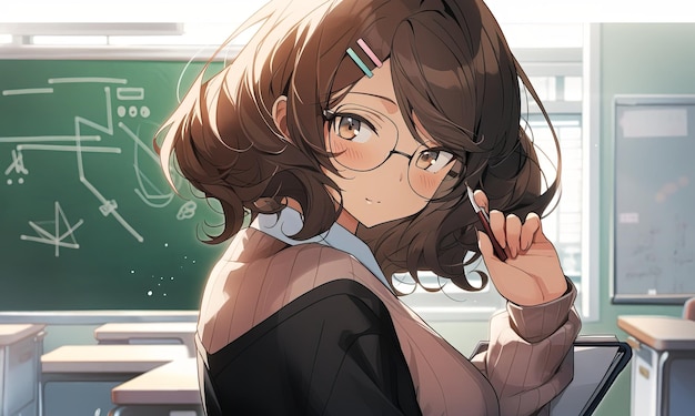 Image of a cute anime girl in glasses in a classroom Generated ai