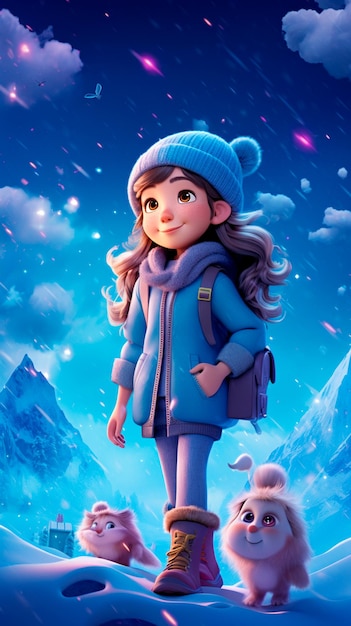 Image of cute child playing in the snow cartoon