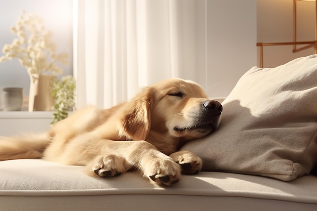 Image of cute golden retriever dog lying on sofa Pet animals Illustration Generative AI