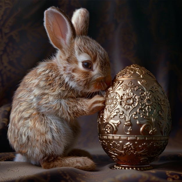 卵を握っている可愛い小さなウサギの画像
