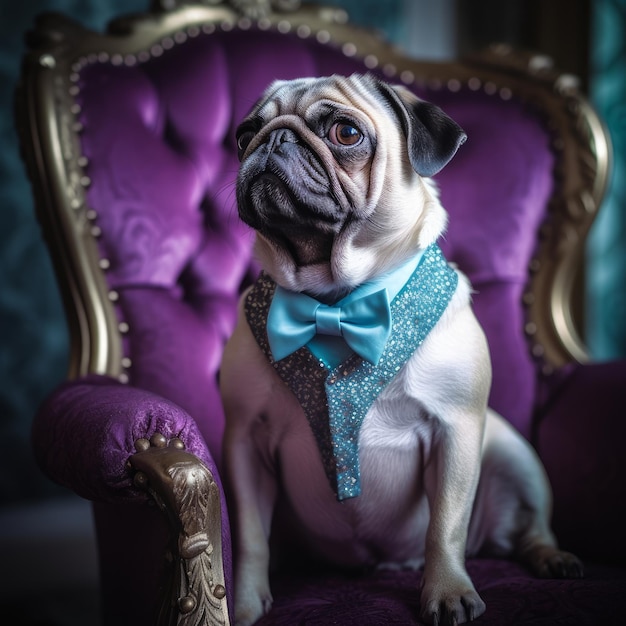 Image of cute pug on purple sofa generative AI