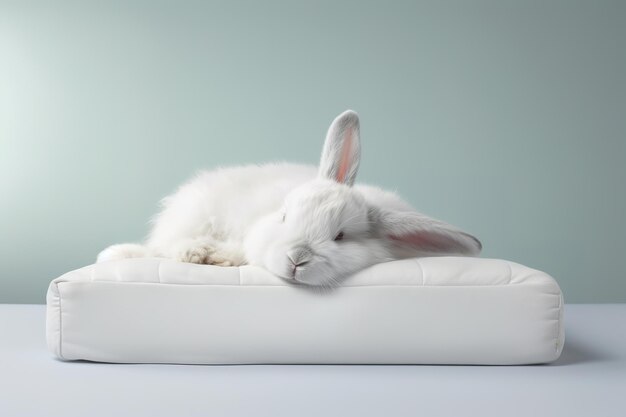 Image of cute white rabbit lying on sleeping cushion Pet Animals Illustration Generative AIx9