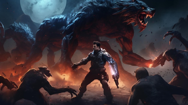 Image of a cyborg werewolf fighting a group