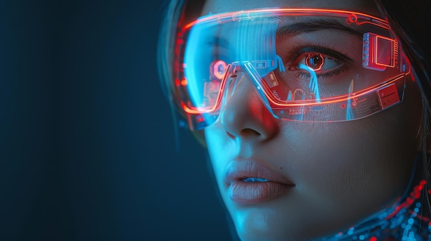 An image of a cyborg woman in cyberpunk style A cyborg woman wearing a futuristic suit and with scifi tech punk hairstyle A cyborg girl looking like a robot wearing electronic implants and 3D VR