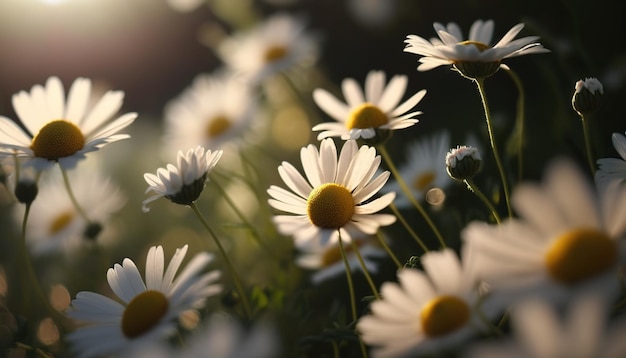 Image of daisies in close up glowing in the sunshine in a garden