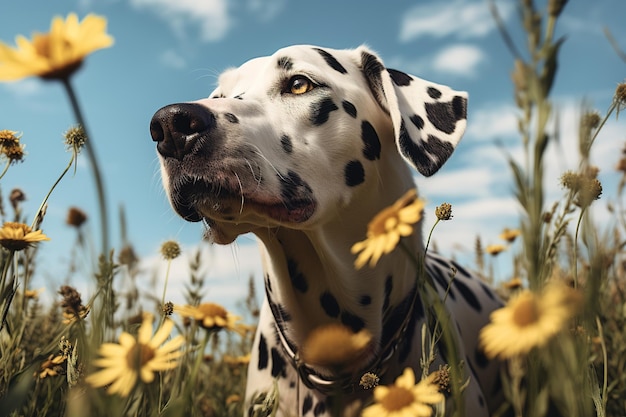 ダルメシアン犬の画像は、背景が明るい空である美しい花のある庭にありますペット動物生成 AI イラスト