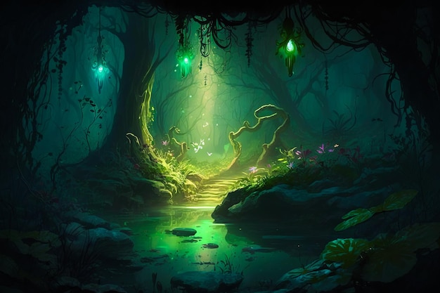 An image of dark forest with green lights Generative AI