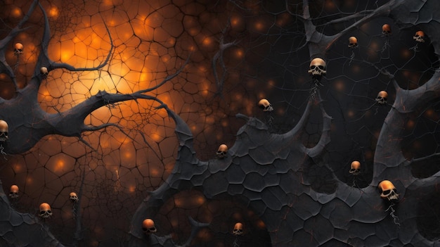 An image of a dark forest with many skulls on it