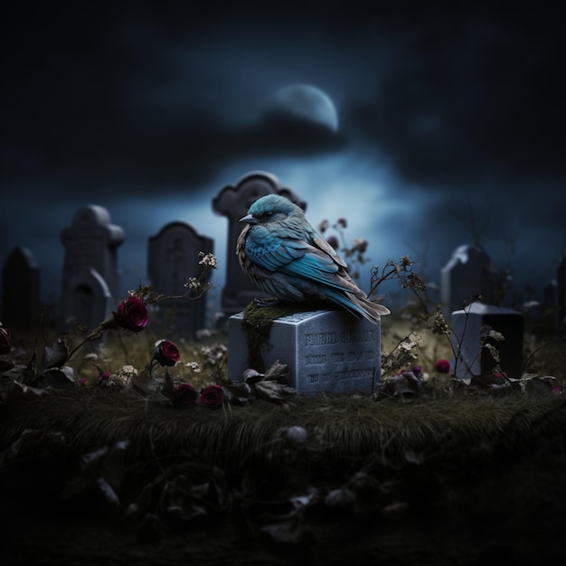 image of a dead Twitter bird sitting on gravestone