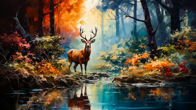 Image of deer standing in forest next to river Generative AI