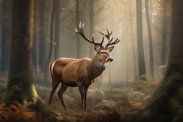 Image of A deer with beautiful horns standing in the forest on natural background Wild Animals illustration Generative AI