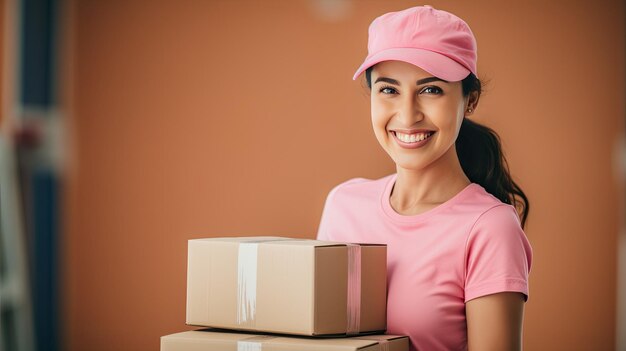 Image of a delivery woman carrying a stack of boxes on a pastel background