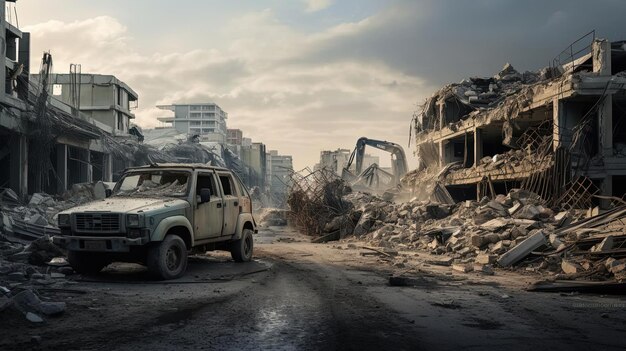 an image of demolished buildings and vehicles in the style of dystopian realism