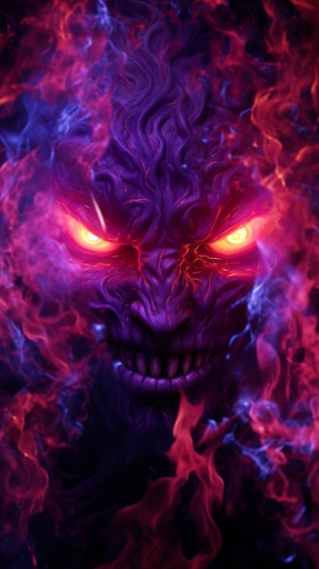 An image of a demon with glowing red eyes on a dark background