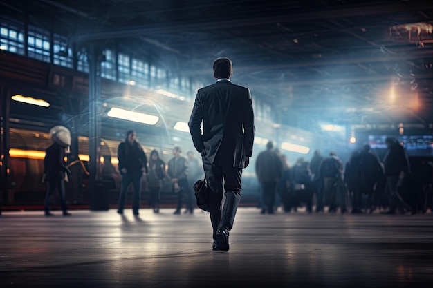 Image depicting a businessman strolling on a platform but with a blurred effect
