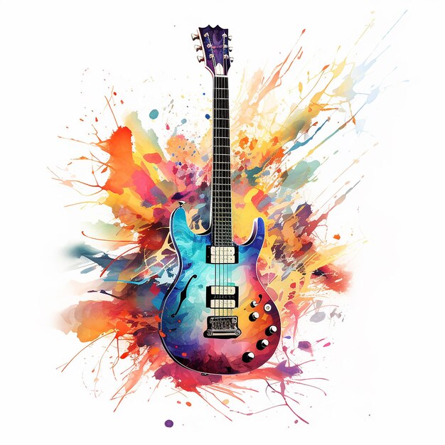 The image depicts an abstract watercolor guitar exploding with colorful motifs