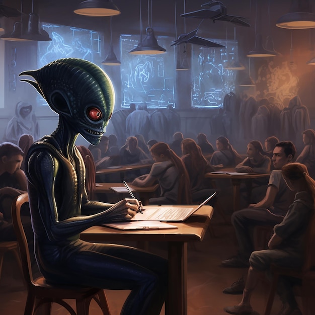 The image depicts an alien student taking notes while a teacher lectures in a classroom setting