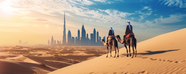 この画像は砂漠の風景をカメラをリードするアラブ人を描き背景にはドバイの未来的なスカイラインが見えており伝統的な砂漠生活と近代的な都市開発が融合しています