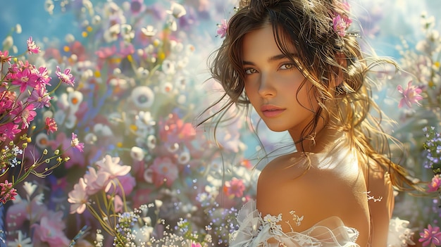 The image depicts a beautiful girl wearing a white evening gown posing against a landscape with flowers in her hands