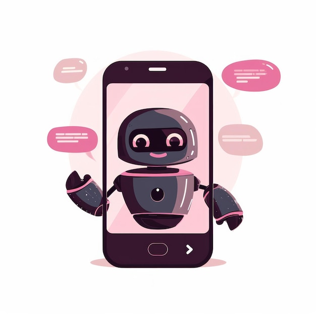 Photo an image depicts a chatbot emerging from a smartphone display with text bubbles floating around it against a pink background