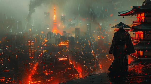 The image depicts an image of a futuristic samurai standing on a building in a cyberpunk city at night depicted using a digital style illustration painting