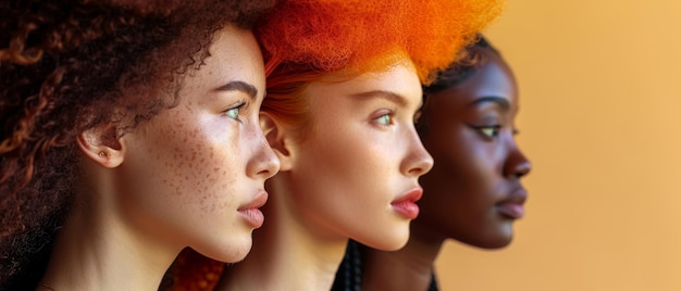 Photo the image depicts a multiethnic group of women using different skin types against a beige background the pictured women are caucasian african and asian in ethnicity