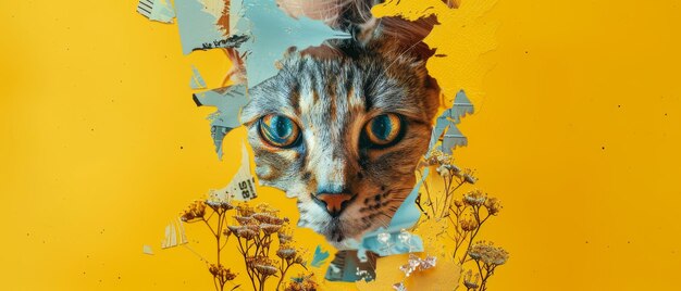 The image depicts a portrait of a cat sphinx with male eyes over a yellow background It represents animal emotions with human emotions This image represents the concept of surrealism fun