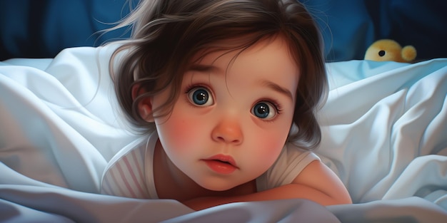この画像は,漫画のスタイルで注意を払っている広い目のある赤ちゃんの女の子を描いています.