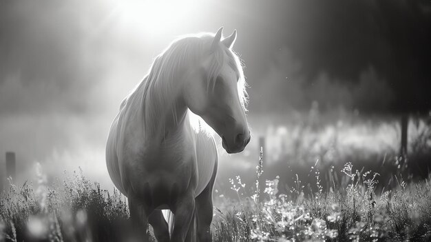 Image description A beautiful black and white photo of a horse standing in a field of tall grass