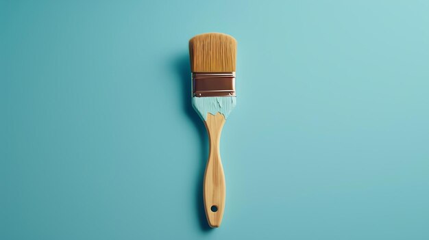 Image Description A blue paintbrush on a blue background The paintbrush is made of wood and has a metal ferrule