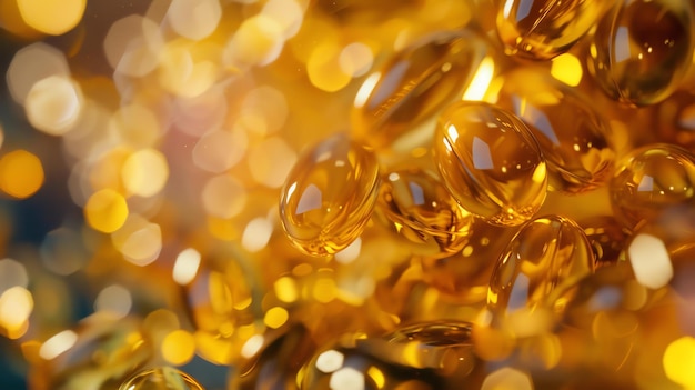 Image Description A closeup of a golden fish oil capsule The capsule is in focus with a blurred background of other capsules