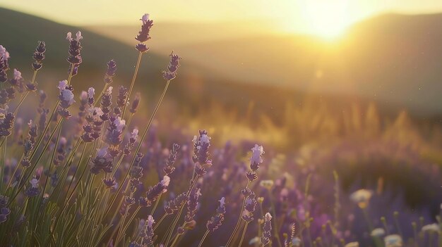 Image description A field of lavender in bloom at sunset The sun is setting behind the hills in the distance casting a warm glow over the field