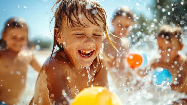 Группа детей играет в воде, они все улыбаются и смеются, а вода брызгает вокруг них.