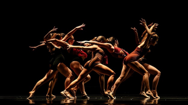 Foto descrizione dell'immagine un gruppo di ballerini in giubbotti neri e marroni esegue una routine di danza contemporanea su un palco con uno sfondo scuro
