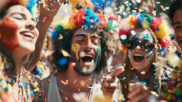 Описание изображения Группа разнообразных и счастливых людей празднует с яркой и красочной краской лица и головными уборами, в то время как конфеты падают с неба