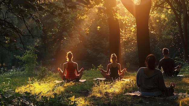 Photo image description a group of four people are sitting in a yoga pose in a forest