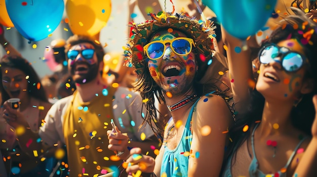 Описание изображения Группа людей празднует карнавал