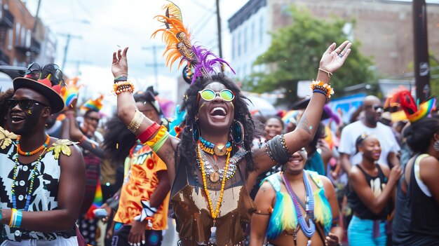 Image description A group of people are dancing and celebrating in a parade