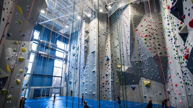 Photo image description a group of people are rock climbing at an indoor climbing gym