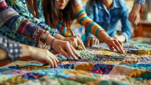 Foto descrizione dell'immagine un gruppo di donne sta lavorando a una coperta colorata sono tutte vestite in abiti casuali e sono concentrate sul loro lavoro