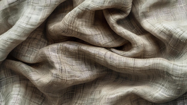 Image description The image is a closeup of a crumpled piece of beige linen fabric The fabric is soft and has a slightly wrinkled texture