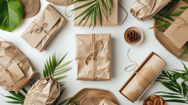 Photo image description the image shows a flat lay of ecofriendly gift wrapping supplies