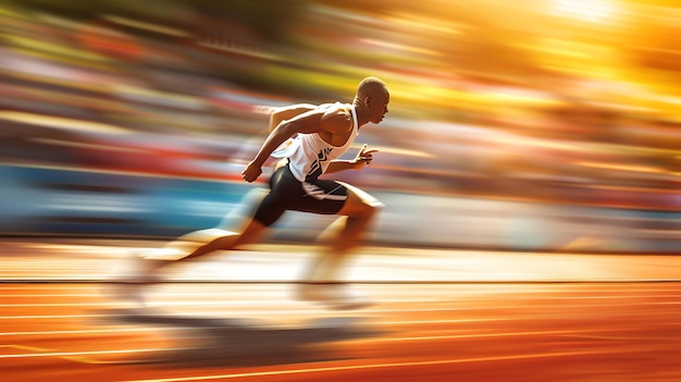 Image description A male athlete is running a race in a stadium He is in the lead and is running very fast