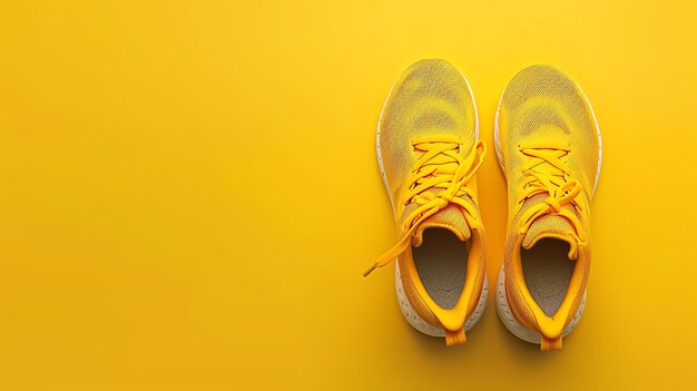 Photo image description a pair of yellow running shoes on a yellow background the shoes are untied and the laces are hanging down